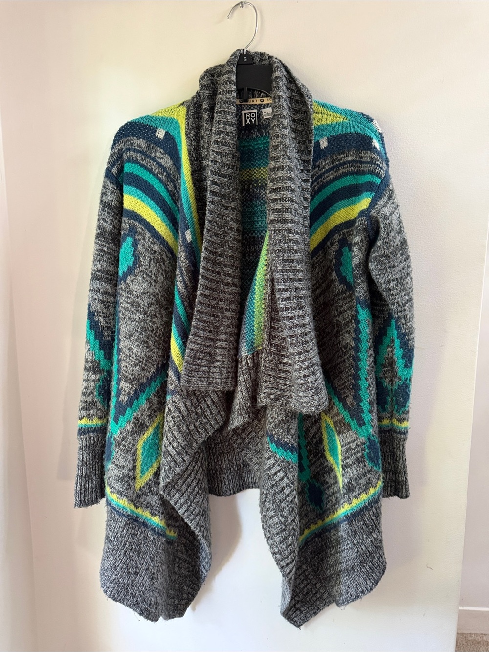 Roxy Gray Open-Front Cardigan with Teal & Lime Pattern